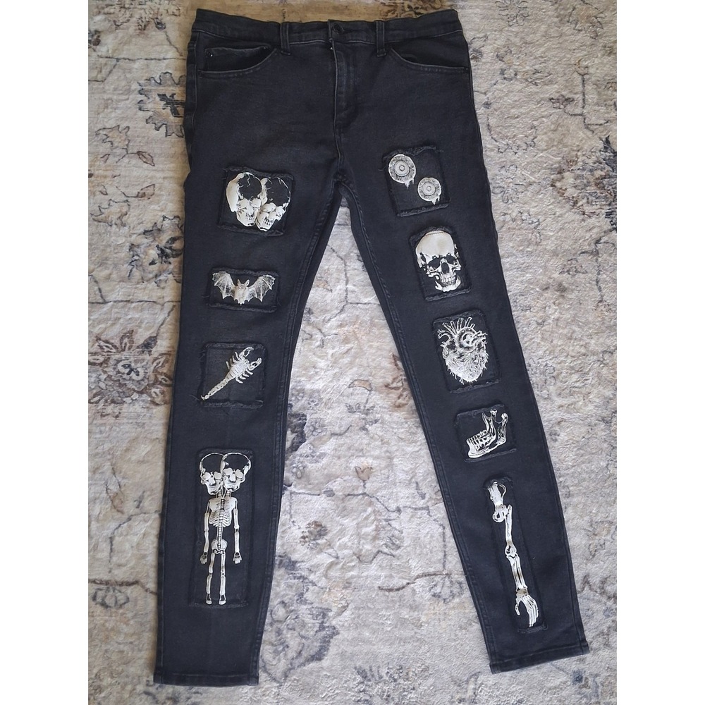 Hot Topic Goth core death rock/Roll Jeans Men 36x32 Black Skeleton Skull Patches - Picture 1 of 11